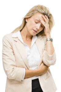 Mature woman has headache isolated on white background